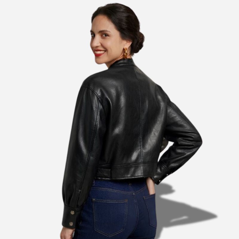 Veste en cuir veritable courte pour femme de couleur noir