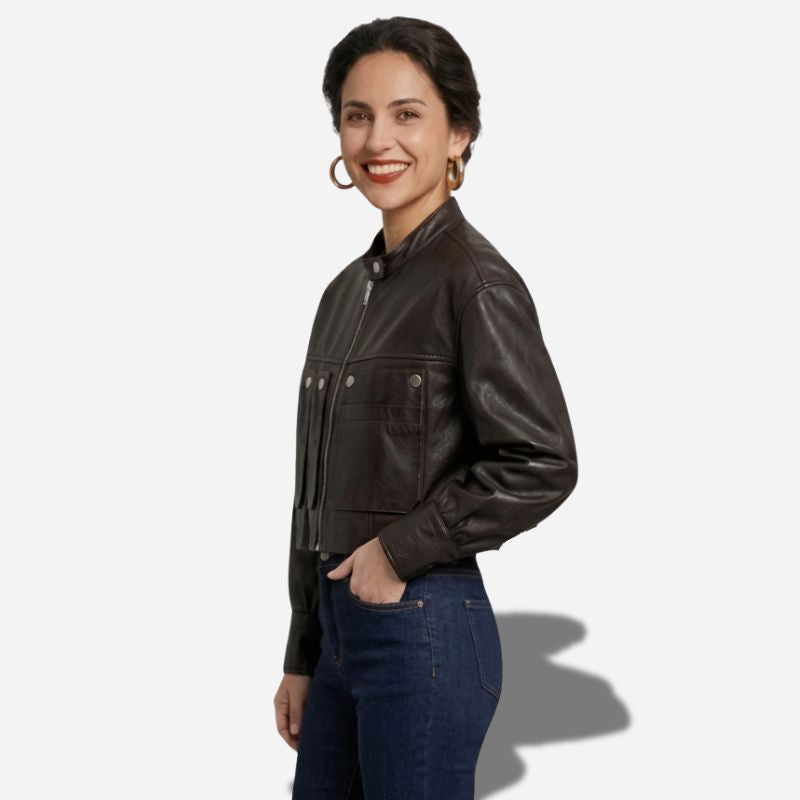Veste en cuir veritable courte pour femme de couleur noir