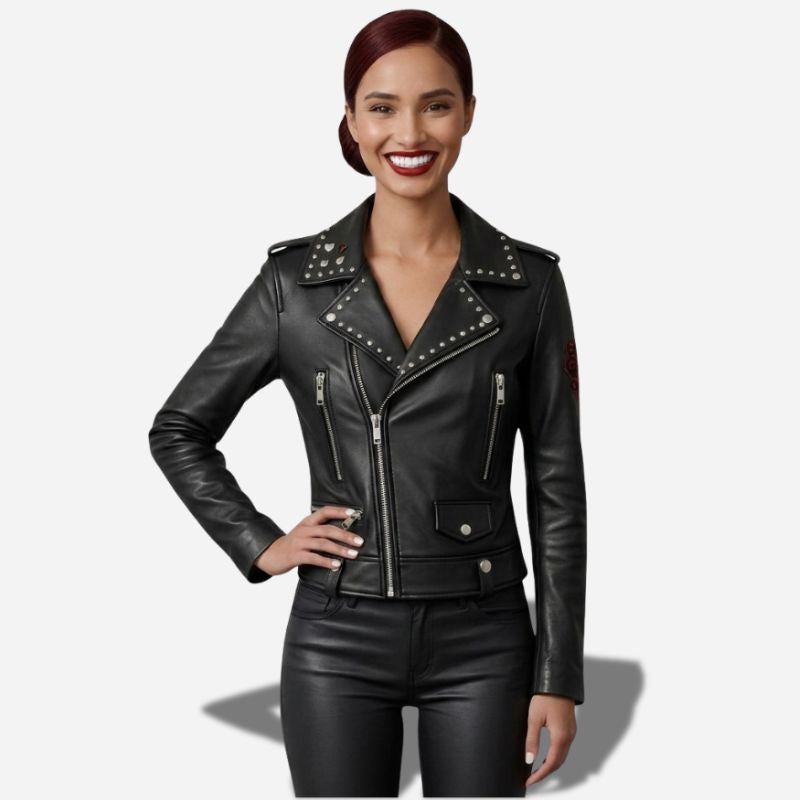 Veste en cuir noir veritable clouté pour femme