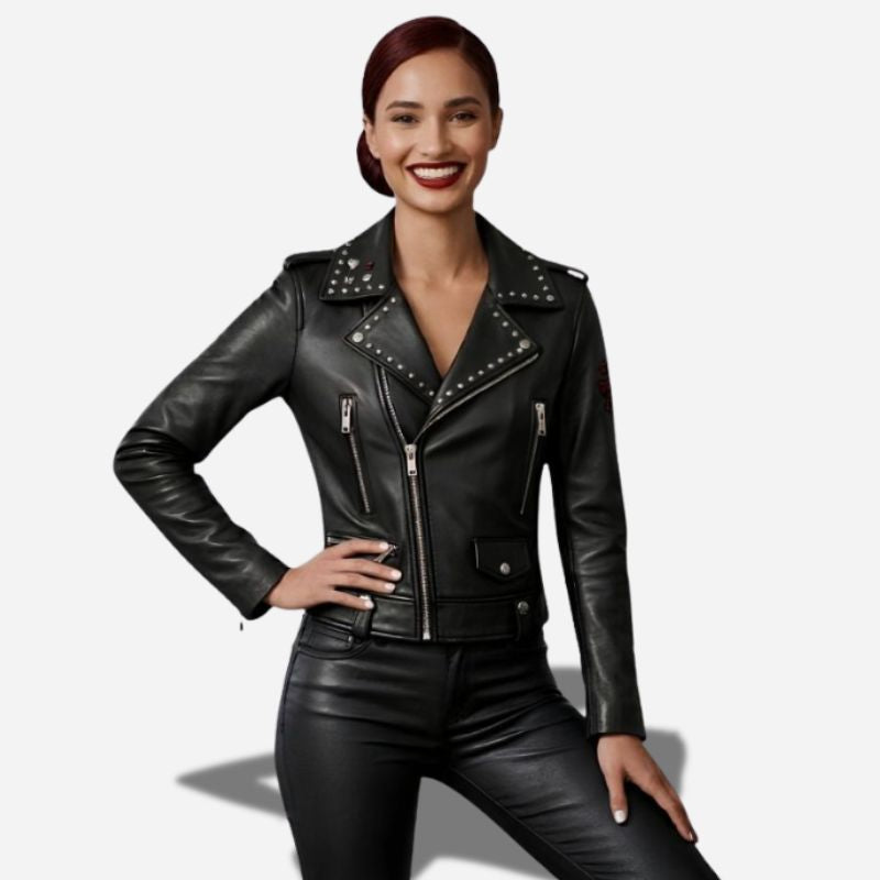 Veste en cuir noir veritable clouté pour femme