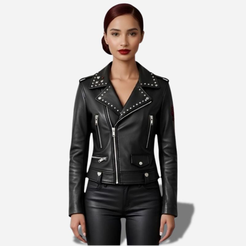 Veste en cuir noir veritable clouté pour femme