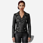 Veste en cuir noir veritable clouté pour femme