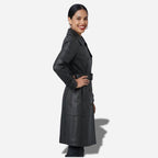 Veste en cuir noir longue pour femme en cuir de chèvre véritable