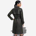 Veste en cuir noir longue pour femme en cuir de chèvre véritable