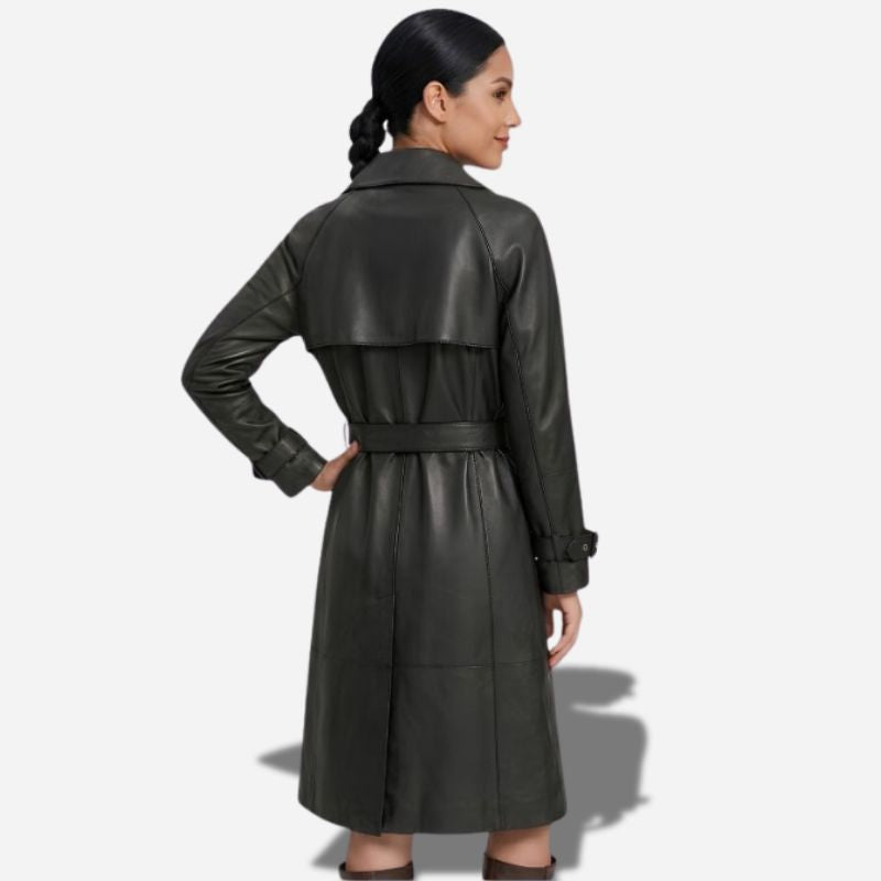 Veste en cuir noir longue pour femme en cuir de chèvre véritable