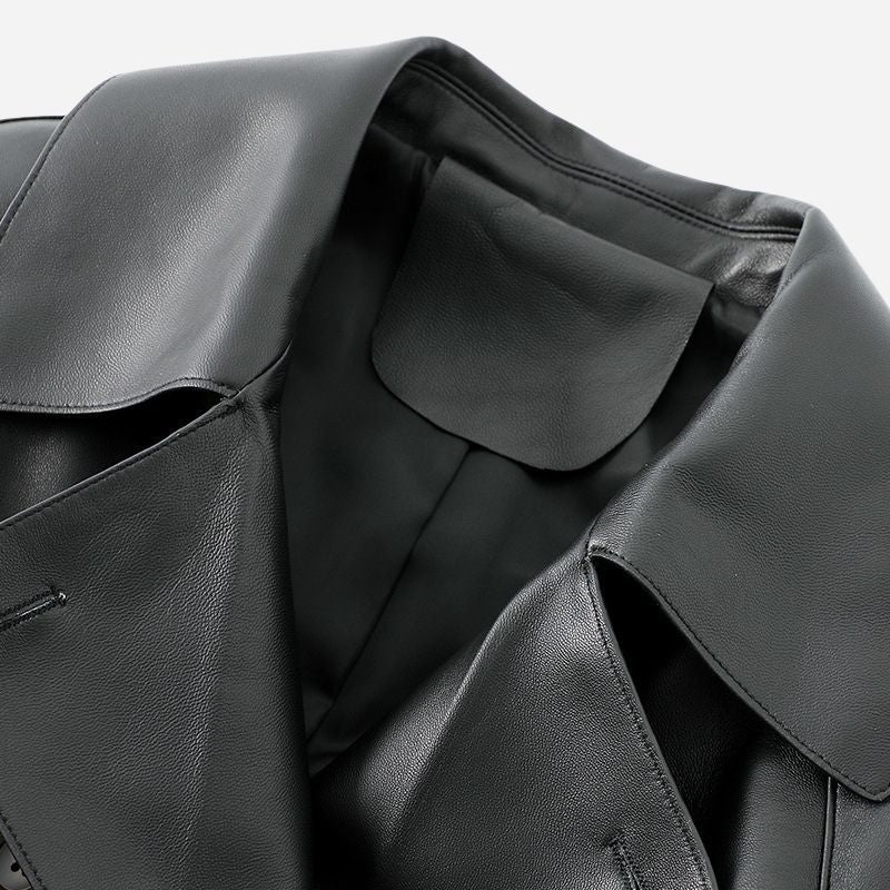 Veste en cuir noir longue pour femme en cuir de chèvre véritable