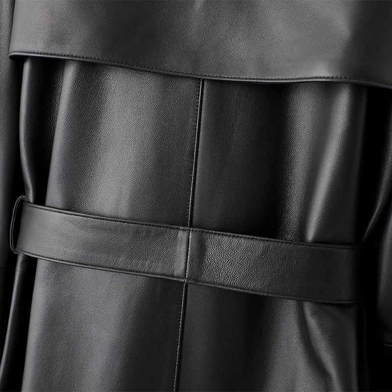 Veste en cuir noir longue pour femme en cuir de chèvre véritable