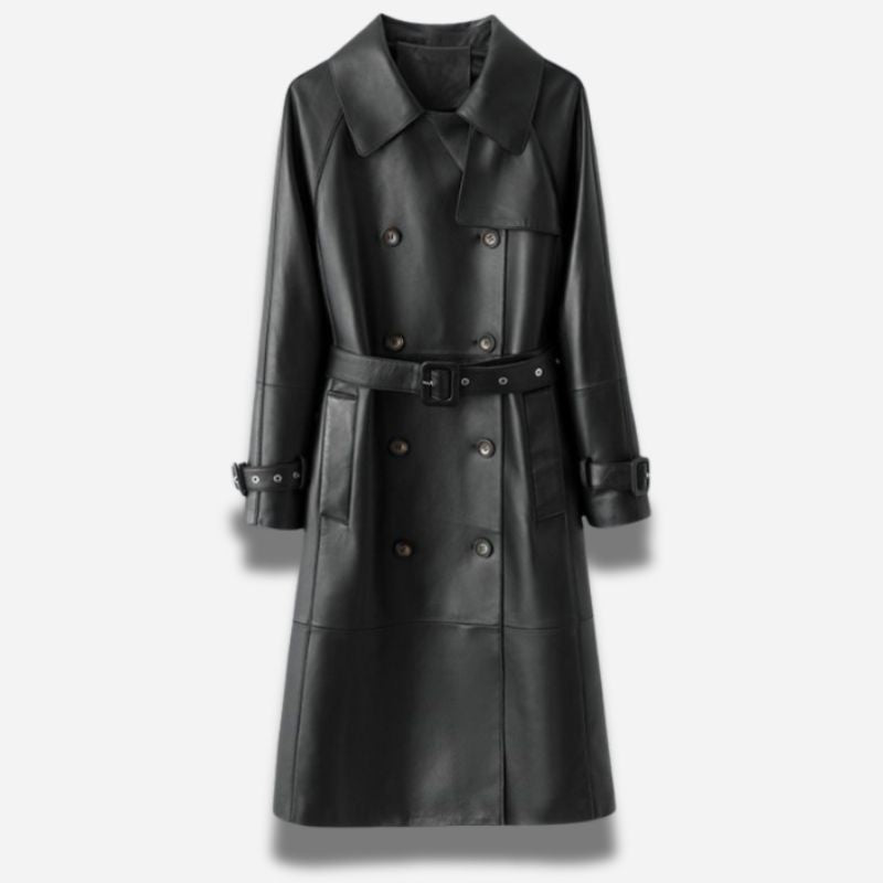 Veste en cuir noir longue pour femme en cuir de chèvre véritable