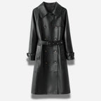Veste en cuir noir longue pour femme en cuir de chèvre véritable
