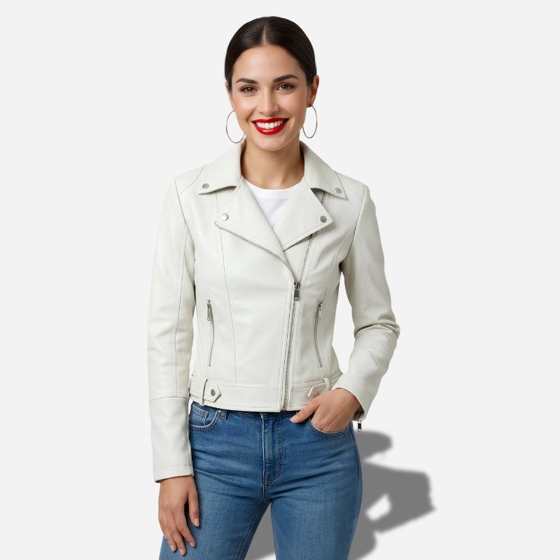 Veste en simili cuir cintrée pour feme de couleur blanche style perfecto