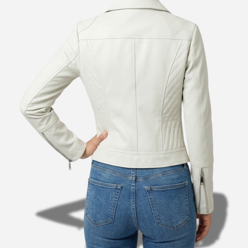 Veste en simili cuir cintrée pour feme de couleur blanche style perfecto