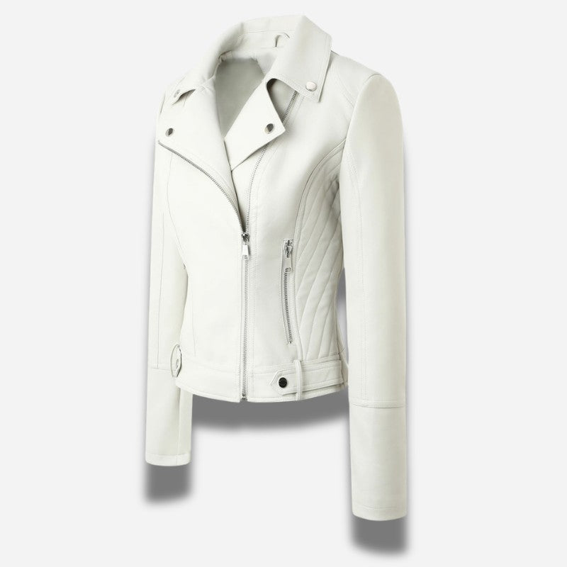 Veste en simili cuir cintrée pour feme de couleur blanche style perfecto