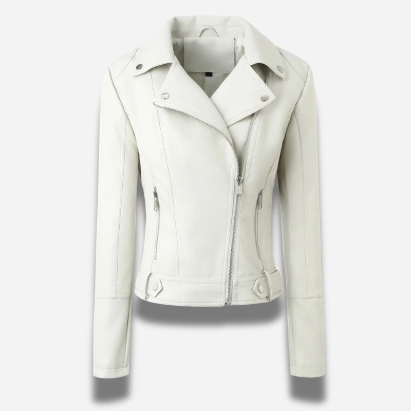 Veste en simili cuir cintrée pour feme de couleur blanche style perfecto