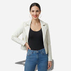 Veste en simili cuir cintrée pour feme de couleur blanche style perfecto