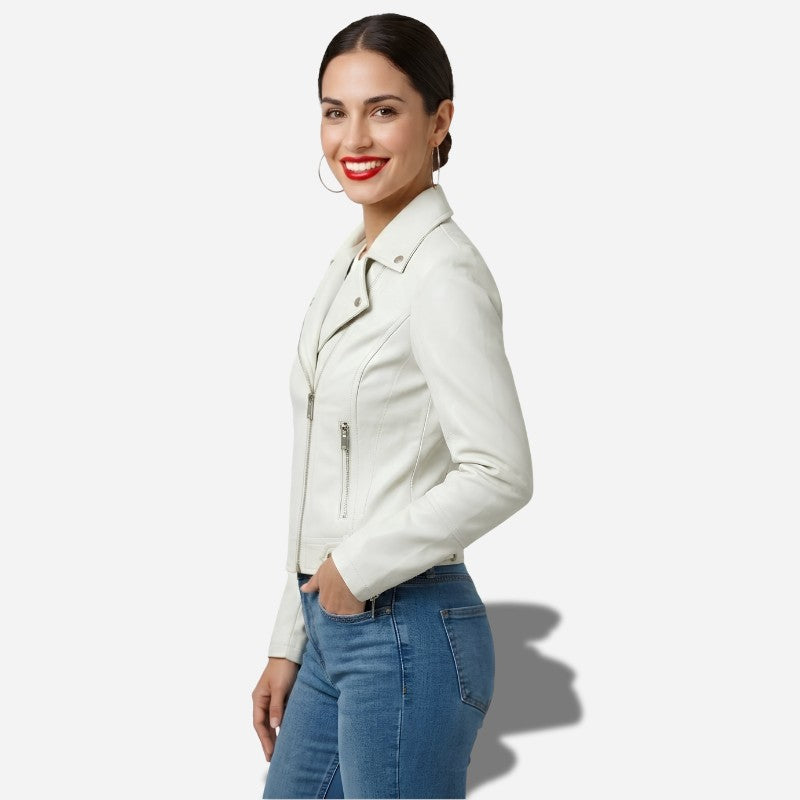 Veste en simili cuir cintrée pour feme de couleur blanche style perfecto