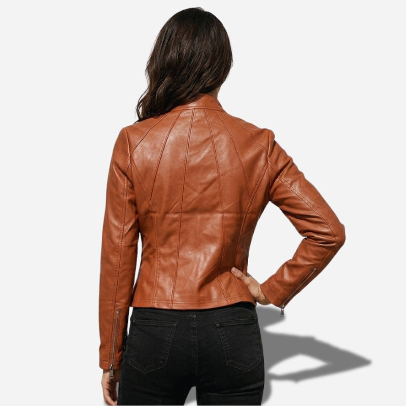 Veste en simili cuir pour femme marron style biker cintrée