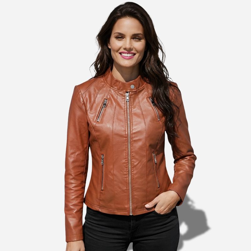 Veste en simili cuir pour femme marron style biker cintrée
