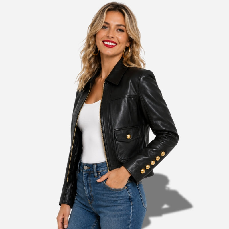 Veste femme en cuir bnoir courte