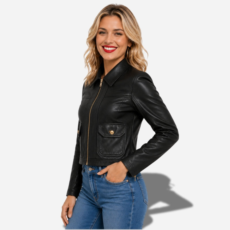 Veste femme en cuir bnoir courte