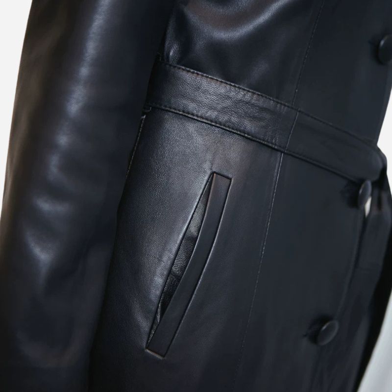 Veste longue en cuir noir pour femme style trench