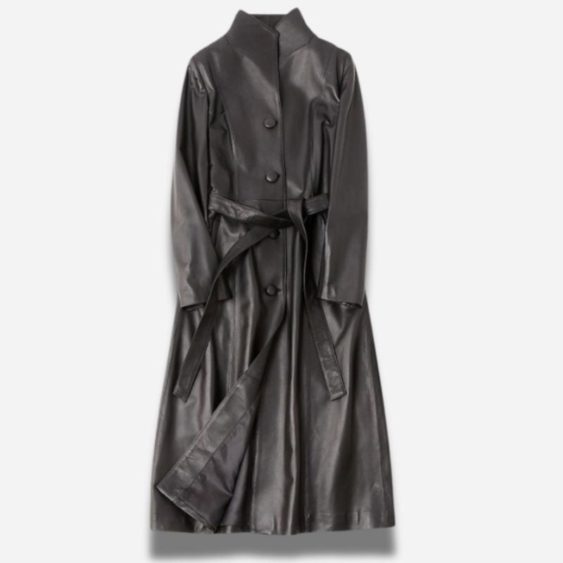 Veste longue en cuir noir pour femme style trench