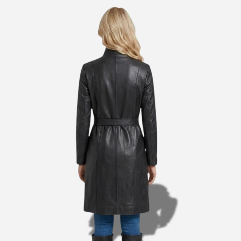 Veste longue en cuir noir pour femme style trench