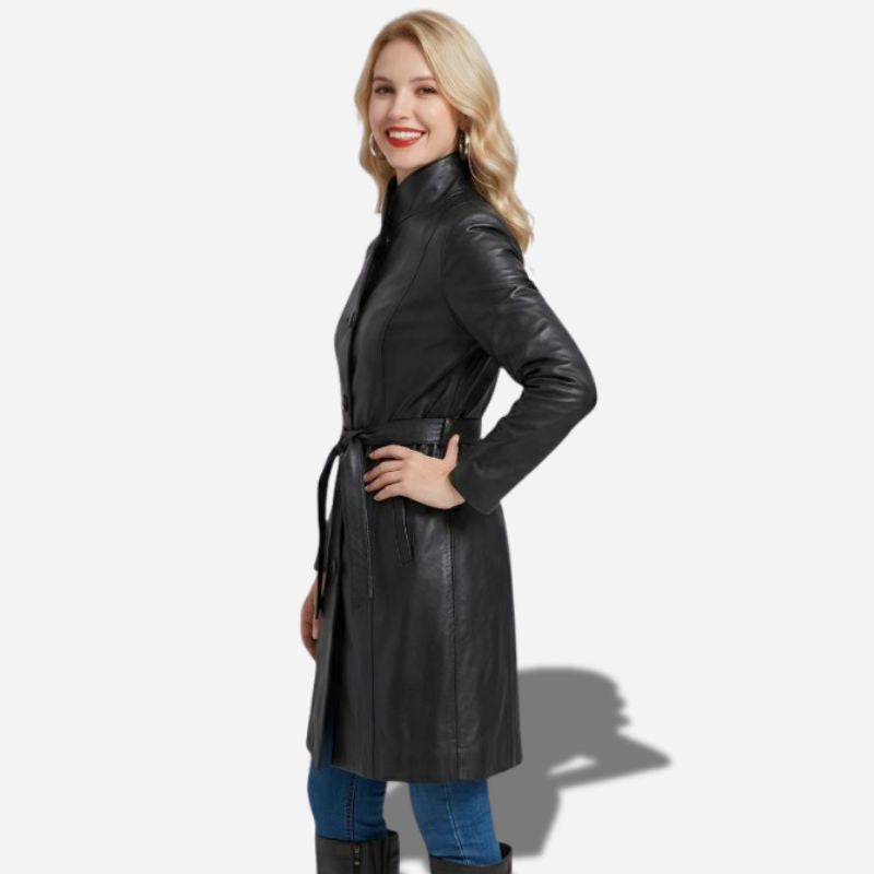 Veste longue en cuir noir pour femme style trench