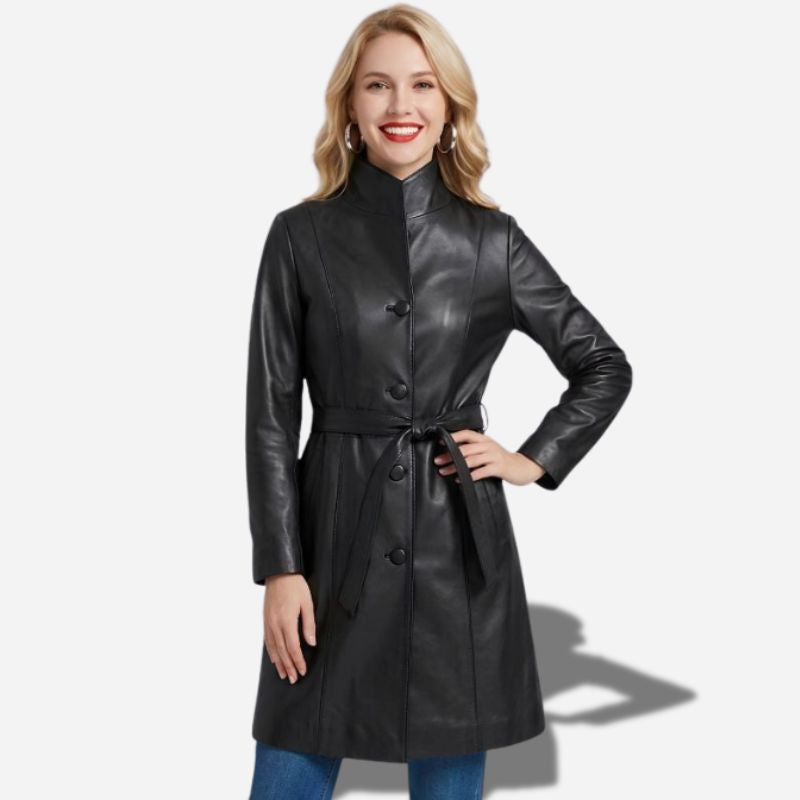 Veste longue en cuir noir pour femme style trench