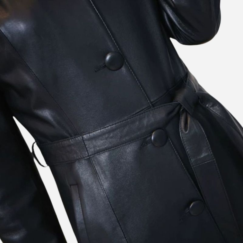 Veste longue en cuir noir pour femme style trench