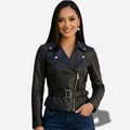 Veste noir en cuir pour femme avec ceinture a la taille
