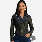 Veste noir en cuir pour femme avec ceinture a la taille