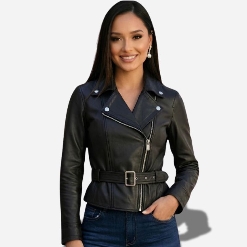 Veste noir en cuir pour femme avec ceinture a la taille