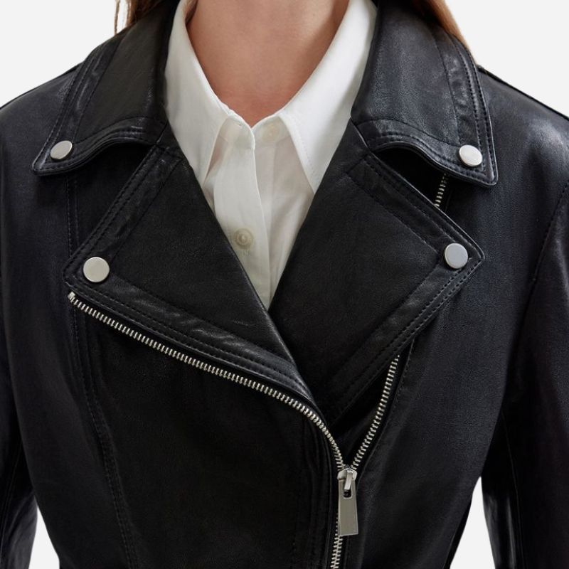 Veste noir en cuir pour femme avec ceinture a la taille