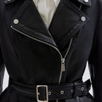 Veste noir en cuir pour femme avec ceinture a la taille