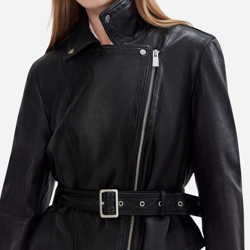 Veste noir en cuir pour femme avec ceinture a la taille