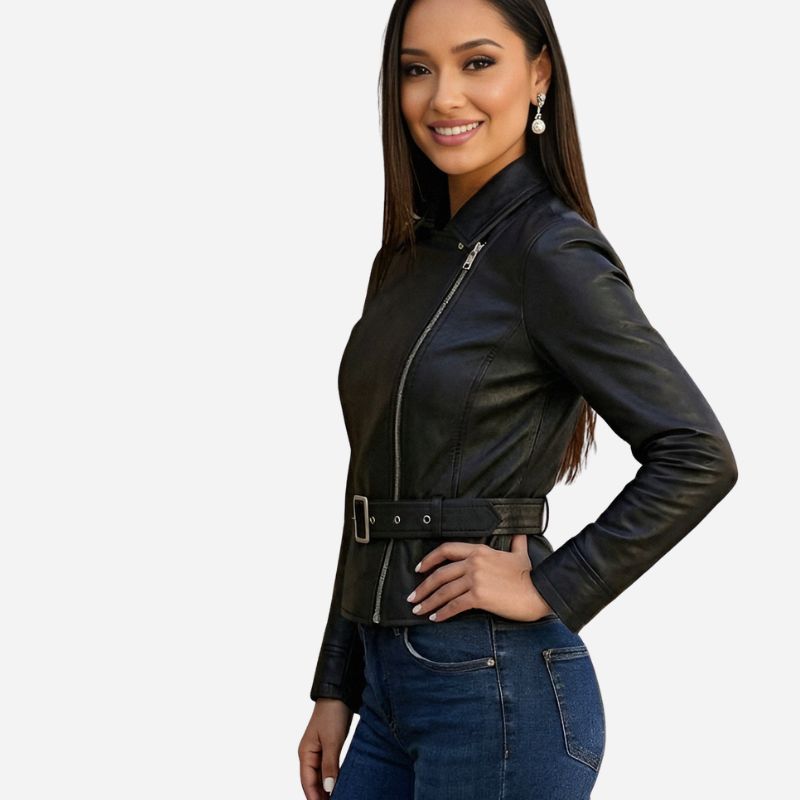 Veste noir en cuir pour femme avec ceinture a la taille