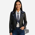 Veste noir en cuir pour femme avec ceinture a la taille