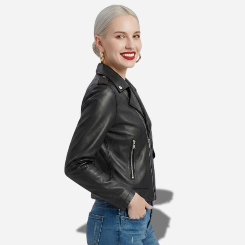 Veste noire en cuir pour femme style perfecto biker