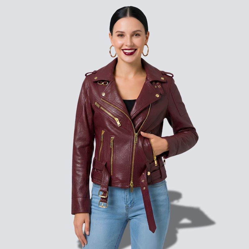 Veste en cuir bordeaux pour femme style perfecto en cuir de mouton