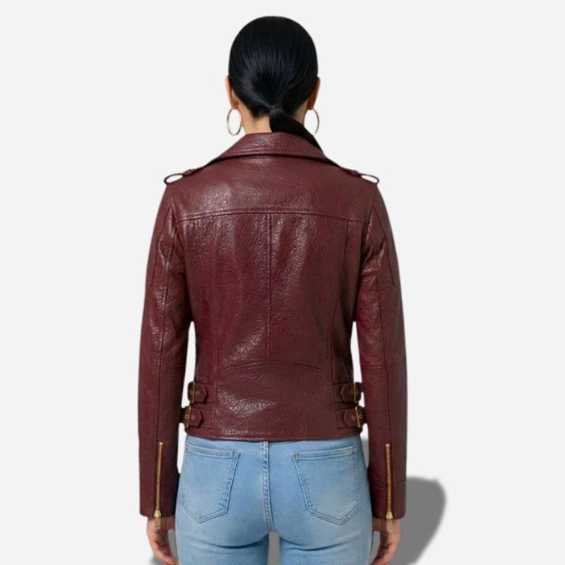 Veste en cuir bordeaux pour femme style perfecto en cuir de mouton